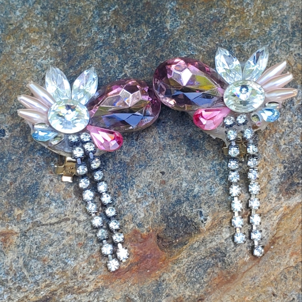 RETRO 80's 90's Pretty in Pink Clip On Rhineston Earrings